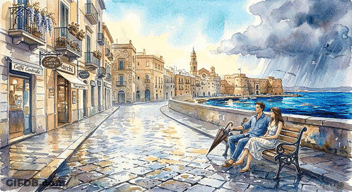 Man And Woman Sitting On Bench With Umbrella GIF