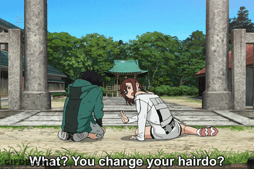 Man And Woman Sitting On Ground What You Change Your Hairdo GIF