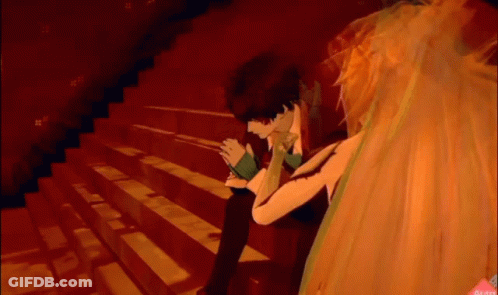 Man And Woman Sitting On Stairs In Dark Room GIF