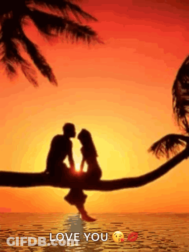 Man And Woman Sitting On Tree Branch At Sunset GIF