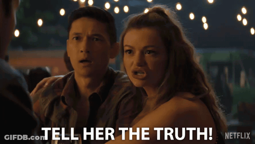 Man And Woman Sitting Saying Tell Her The Truth GIF