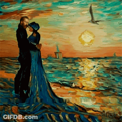 Man And Woman Standing By Ocean With Seagull GIF