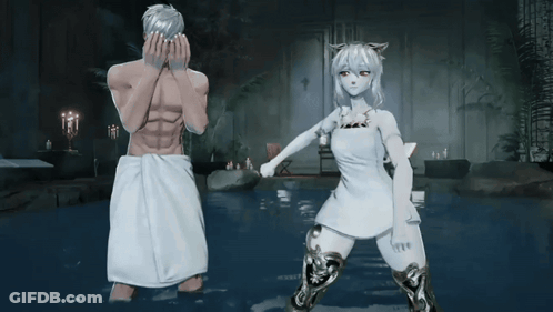 Man And Woman Standing In Bathtub Covered In Towels GIF