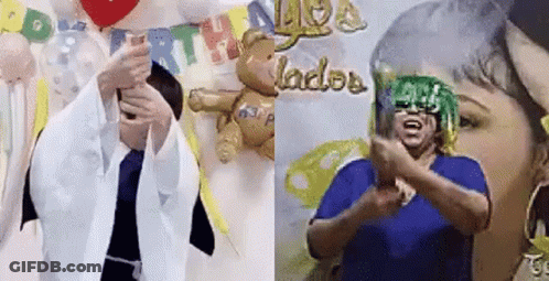 Man And Woman Standing In Front Of Birthday Balloons And Banner GIF