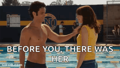 Man And Woman Standing In Front Of Swimming Pool Saying Before You There Was Her GIF