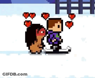 Man And Woman Standing In Snow With Hearts On Heads GIF