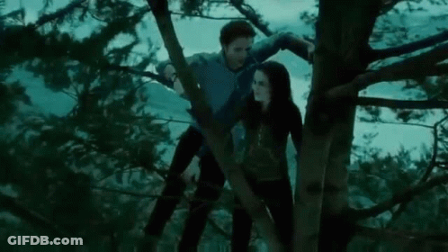 Man And Woman Standing In Tree In The Dark GIF