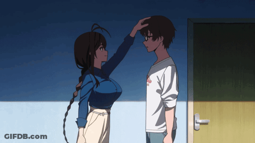 Man And Woman Standing Together Woman Touching His Head GIF