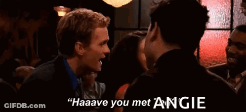 Man And Woman Talking In Bar Saying Haave You Met Angie GIF