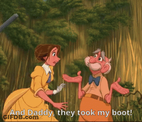 Man And Woman Talking With Words Daddy They Took My Boot GIF