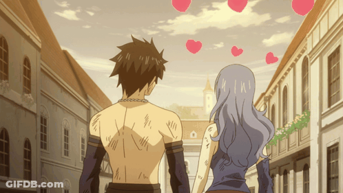 Man And Woman Walking With Floating Hearts GIF