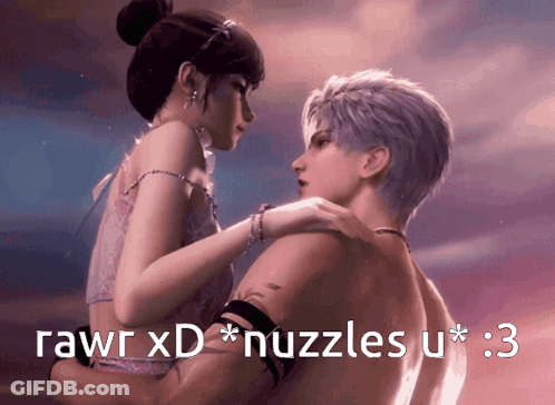 Man And Woman With Caption Rawr XD Nuzzles U * 3 GIF