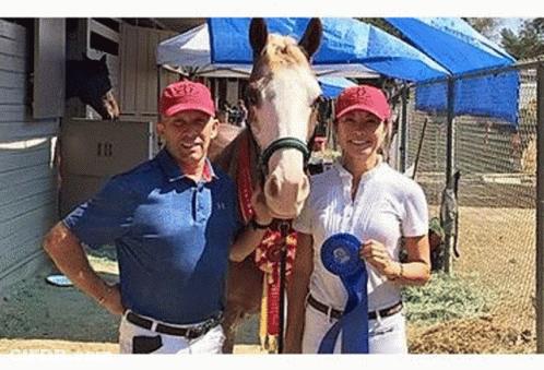 Man And Woman With Horse And Blue Ribbon GIF