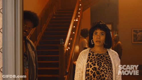Man And Woman With Scary Movie Text GIF