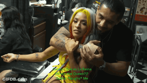 Man And Woman Wrestling In Ring, Shirt Says WP GIF