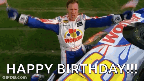 Man Arms Outstretched Next To Race Car Happy Birthday GIF