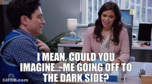 Man Asking Woman If She Is Going To The Dark Side GIF