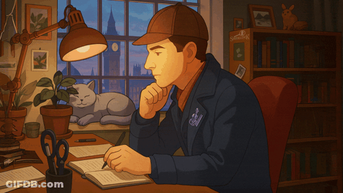 Man At Desk In Front Of Bookshelf Saying Sherlock GIF