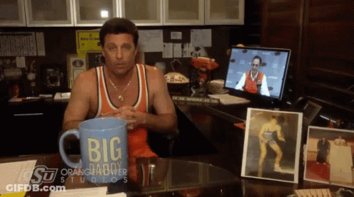 Man At Desk With Blue Mug Saying Big Daddy GIF