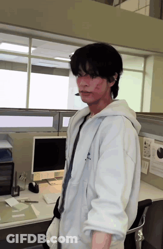 Man At Desk With Computer And E Sign GIF