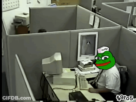 Man At Desk With Frog Wearing Hat Saying Bottle GIF