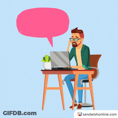 Man At Desk With Laptop And Pink Speech Bubble Say Sendwishonline.com GIF