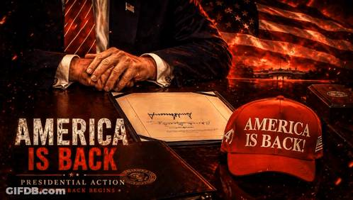 Man At Desk With Red Hat Saying America Is Back GIF