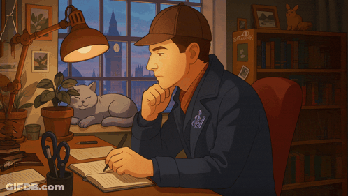 Man At Desk With Sherlock Holmes Bookshelf GIF