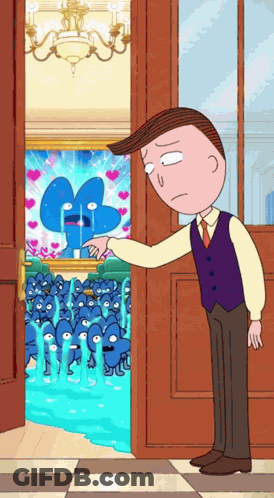 Man At Door With Blue Cartoon Characters GIF