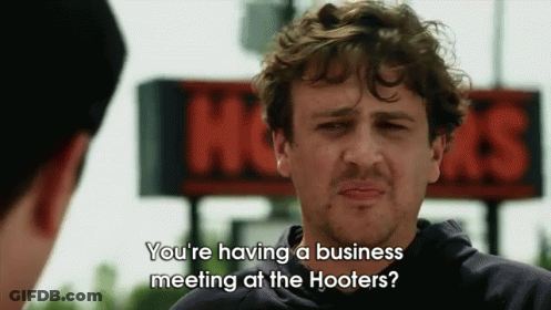 Man At Hooters Sign Asking About Business Meeting GIF
