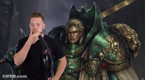 Man At Microphone Beside Green Armor Painting GIF