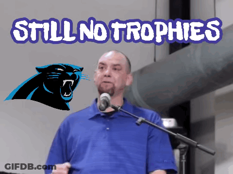 Man At Microphone With Panther Logo Still No Trophies GIF