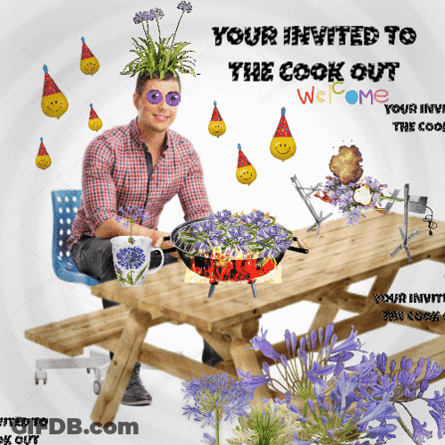 Man At Picnic Table With Flowers On Head GIF