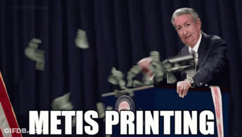 Man At Podium With Money Falling Metis Printing GIF