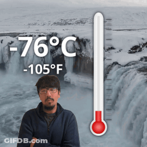 Man At Waterfall With Thermometer -76 Degrees Celsius GIF