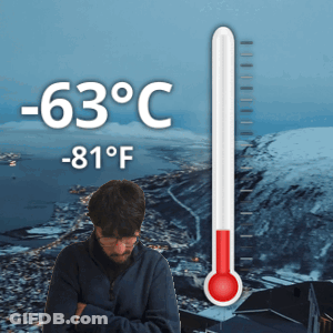 Man At Waterfall With Thermometer -87 Degrees GIF