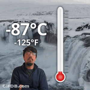 Man At Waterfall With Thermometer -87 Degrees GIF