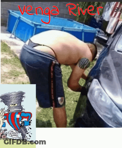 Man Bending Over Next To Car Saying Venga River GIF