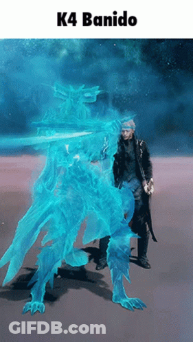 Man Beside Giant Blue Monster K4 Banido GIF