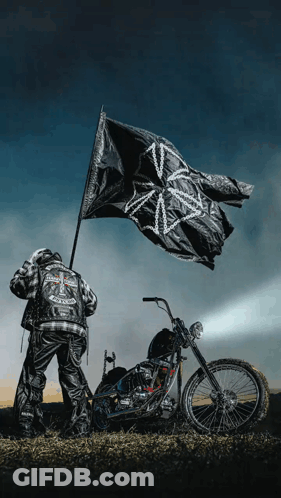 Man Beside Motorcycle Holding Black Flag GIF