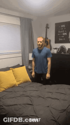 Man Blue Shirt Bed Yellow Pillows Home Sign GIF