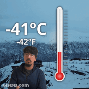 Man By Snowy Mountain With Thermometer 41 Degrees GIF