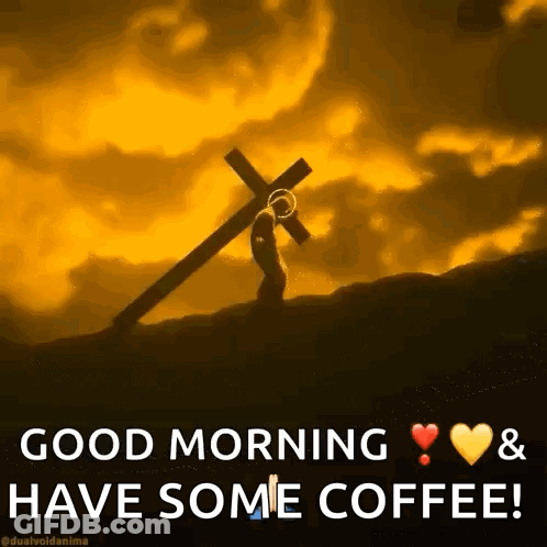 Man Carrying Cross On Hill Saying Good Morning And Have Some Coffee GIF