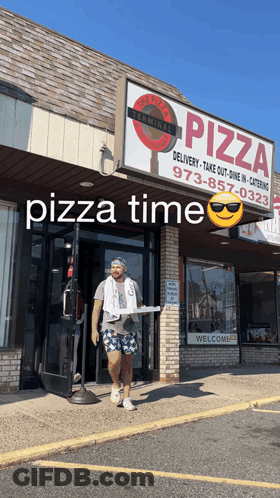 Man Carrying Pizza Box Walks Into Pizza Terminal GIF
