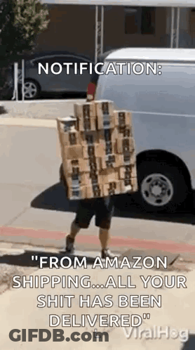 Man Carrying Stack Of Boxes In Front Of Van GIF