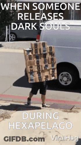 Man Carrying Stack Of Boxes When Someone Releases Dark Souls GIF