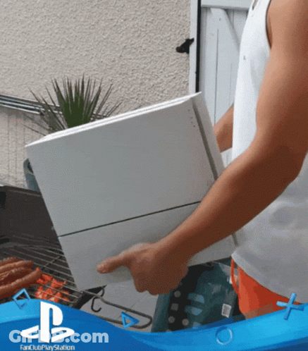 Man Carrying White Box With Fan Club PlayStation Logo GIF