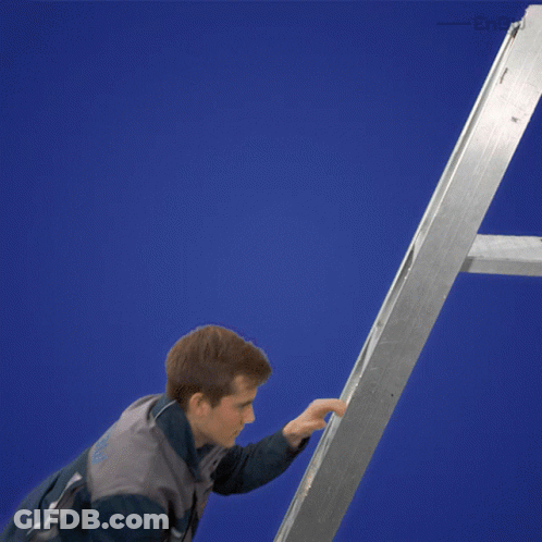 Man Climbing Ladder With Ener On Blue Background GIF