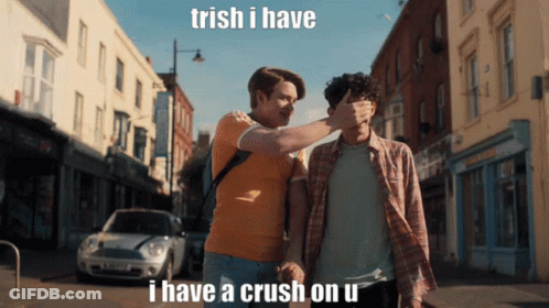 Man Covering Eyes With Caption Trish I Have A Crush GIF