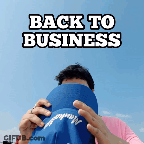 Man Covering Face With Blue Hat Saying Back To Business GIF